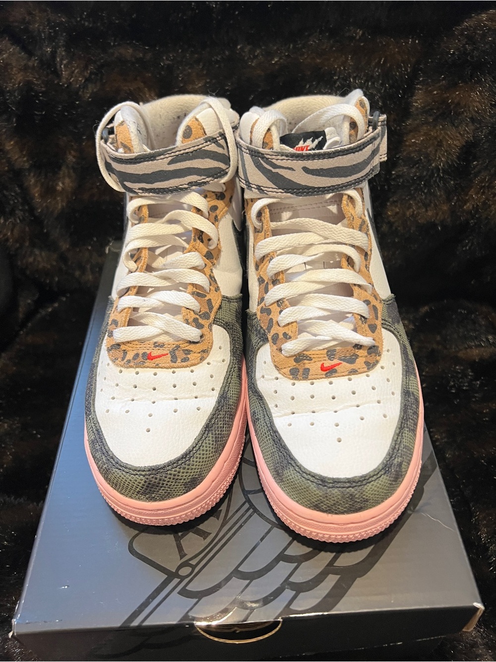 Nike High-Top Sneakers in White, Pink & Animal Print